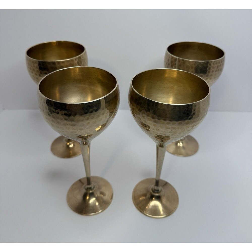 Vintage Hammered Solid Brass Wine Goblets 7.5” Set Of 4 Made In India. Polished‎